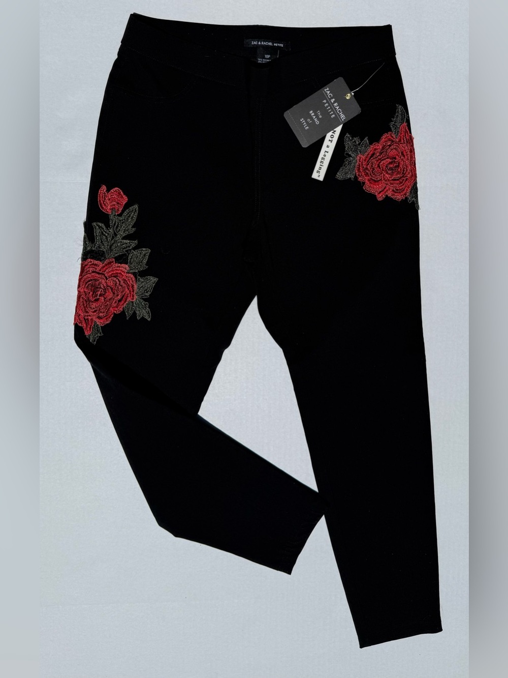 Zac & Rachel Embroidered Leggings, Black Floral Pull-On Pant, 10 Petite, NWT